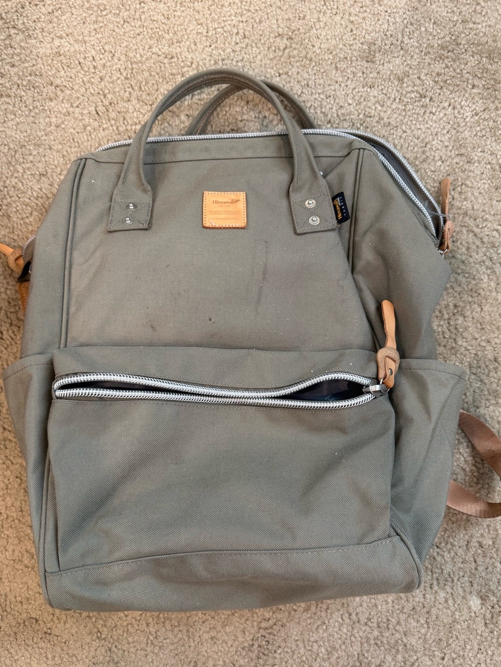 Canvas Travel Backpack in Olive with Leather Trim